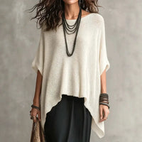 Oversized Knit Poncho Top with Wide Sleeves and Uneven Hem
