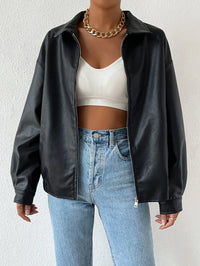 Oversized Leather Jacket with Drop Shoulder and Collar