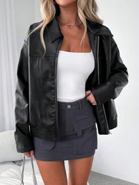 Oversized Leather Jacket with Gathered Hem and Wide Collar