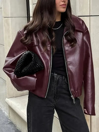 Oversized Leather Jacket with Zip Front and Elasticated Hem
