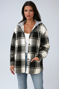 Oversized Plaid Shacket with Hood and Snap Buttons