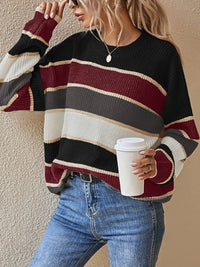 Oversized Striped Colour Block Knit Sweater with Crew Neck