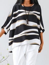 Oversized Striped Top with Wide Sleeves and Curved Hem