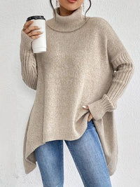 Oversized Turtleneck Sweater with Side Slits and Ribbed Cuffs