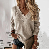 Oversized V-Neck Knit Sweater with Ribbed Trim