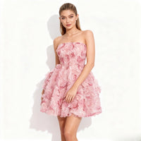 Pink Strapless Mini Dress with 3D Floral Detail and Full Skirt