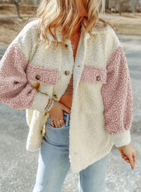 Plush Colour Block Teddy Fleece Shacket with Chest Pockets