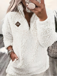 Plush Sherpa Half Zip Pullover Sweater with Chest Patch
