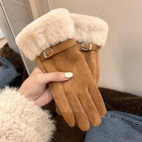 Plush Suede Winter Gloves with Fluffy Cuff and Gold Buckle