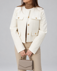 Polished Cropped Tweed Blazer with Gold Buttons and Flap Pockets
