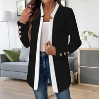 Polished Open Front Blazer with Contrast Trim and Gold Buttons