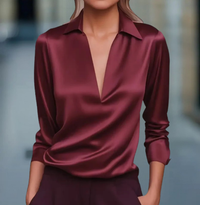 Polished Satin Blouse with Deep V-Neckline and Collar