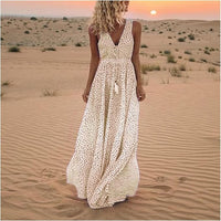 Polka Dot Maxi Dress with V-Neckline and Tassel Tie Waist