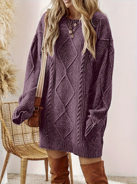 Purple Cable Knit Sweater Dress with Round Neck