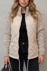 Quilted Jacket with Cable Knit Sleeves and High Neck