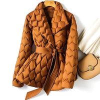Quilted Puffer Jacket with Diamond Quilting and Tie Belt