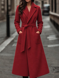 Red Long Belted Wool Coat with Patch Pockets