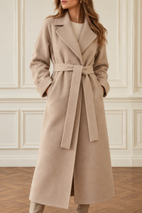 Refined Belted Wool Long Wrap Coat with Wide Collar