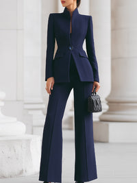 Refined Two Piece Blazer and Wide Leg Trousers Set with Stand Collar