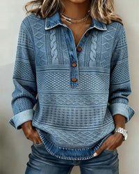 Relaxed Cable Knit Sweater with Denim Collar and Button Placket
