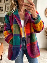 Relaxed Check Fleece Jacket with Bold Colour Block Pattern