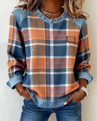Relaxed Check Print Long Sleeve Top with Denim Trim