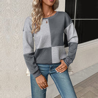 Relaxed Colour Block Sweatshirt with Check Pattern and Round Neck