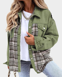 Relaxed Denim Shacket with Plaid Contrast Panels