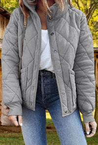Relaxed Diamond Quilted Jacket with Stand Collar and Front Pockets
