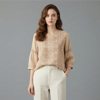 Relaxed Embroidered Top with Round Neck and Three Quarter Sleeves