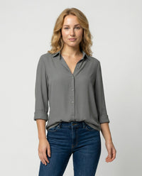 Relaxed Fit Blouse with Classic Collar and Three Quarter Sleeves