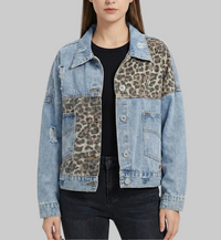 Relaxed Fit Denim Jacket with Leopard Print Panel Detail