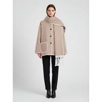 Relaxed Fit Wool Coat with Contrast Trim and Attached Fringe Scarf