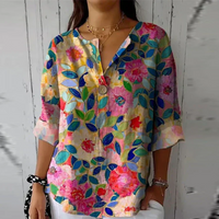 Relaxed Floral Print Blouse with V-Neckline and Three Quarter Sleeves