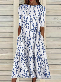 Relaxed Floral Print Linen Midi Dress with Short Sleeves and Side Pockets