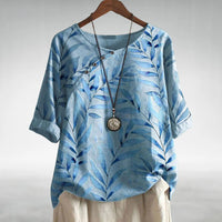 Relaxed Floral Print Linen Top with Round Neck and Short Sleeves