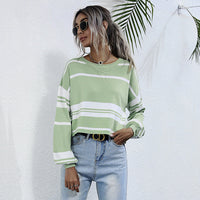 Relaxed Green Striped Long Sleeve Sweatshirt with Round Neck