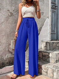 Relaxed High Waist Wide Leg Linen Trousers with Drawstring Waist