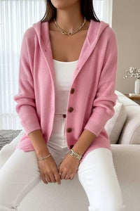 Relaxed Hooded Cardigan with Button Front and Ribbed Cuffs