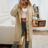 Relaxed Hooded Knit Cardigan with Button Front and Ribbed Cuffs