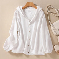 Relaxed Hooded Linen Shirt with Puff Sleeves and Button Front