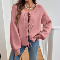 Relaxed Knit Cardigan with Tie Front and Puff Sleeves
