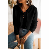 Relaxed Knit Hoodie Sweater with Button Henley Neckline