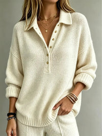 Relaxed Knit Polo Sweater with Gold Button Placket