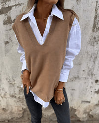 Relaxed Knit Sweater Vest with Deep V-Neckline and Ribbed Trim
