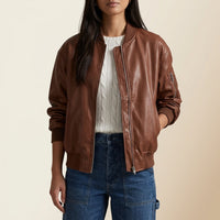 Relaxed Leather Bomber Jacket with Ribbed Cuffs and Hem