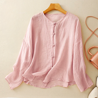 Relaxed Linen Blouse with Knotted Button Front and Long Sleeves