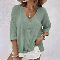 Relaxed Linen Blouse with V-Neckline and Button Front