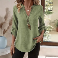 Relaxed Linen Blouse with V-Neckline and Roll-Up Sleeves