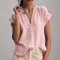 Relaxed Linen Blouse with V-Neckline and Ruffle Sleeves